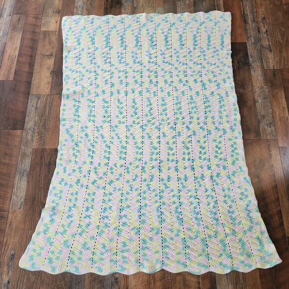 Vtg Pastel Crochet Baby Blanket Handmade 42"x60" Granny Easter Spring Rainbow - Picture 1 of 6
